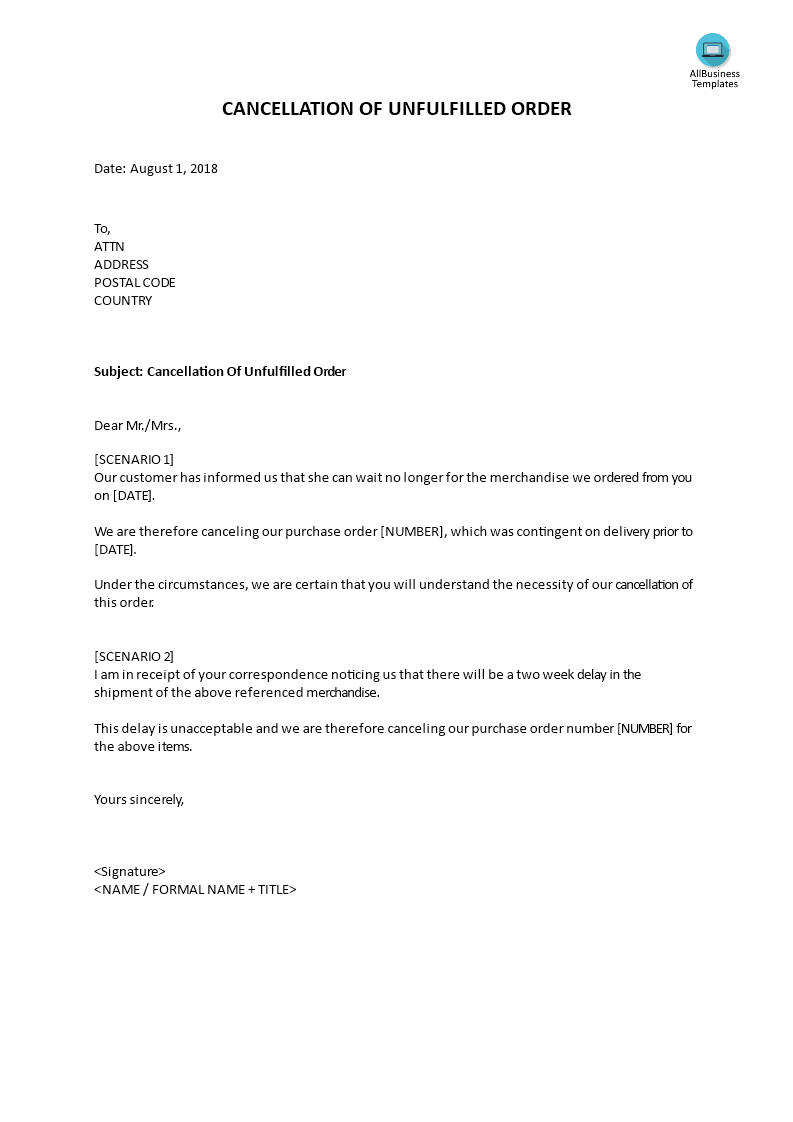 Response Letter Cancellation Unfulfilled Order main image