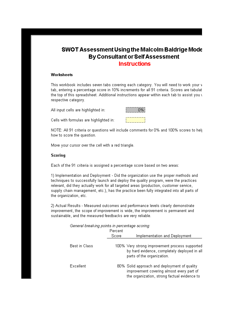 swot assessment using the malcolm baldrige model template