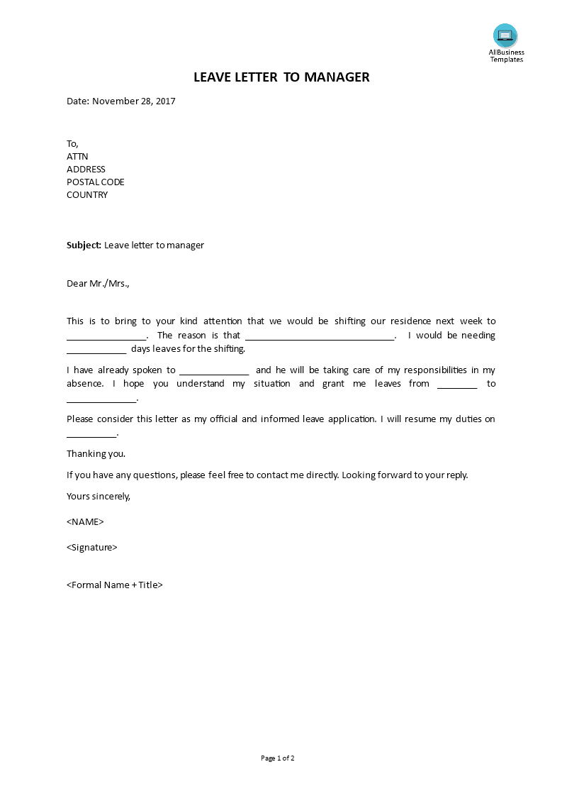 Leave Letter To Manager main image