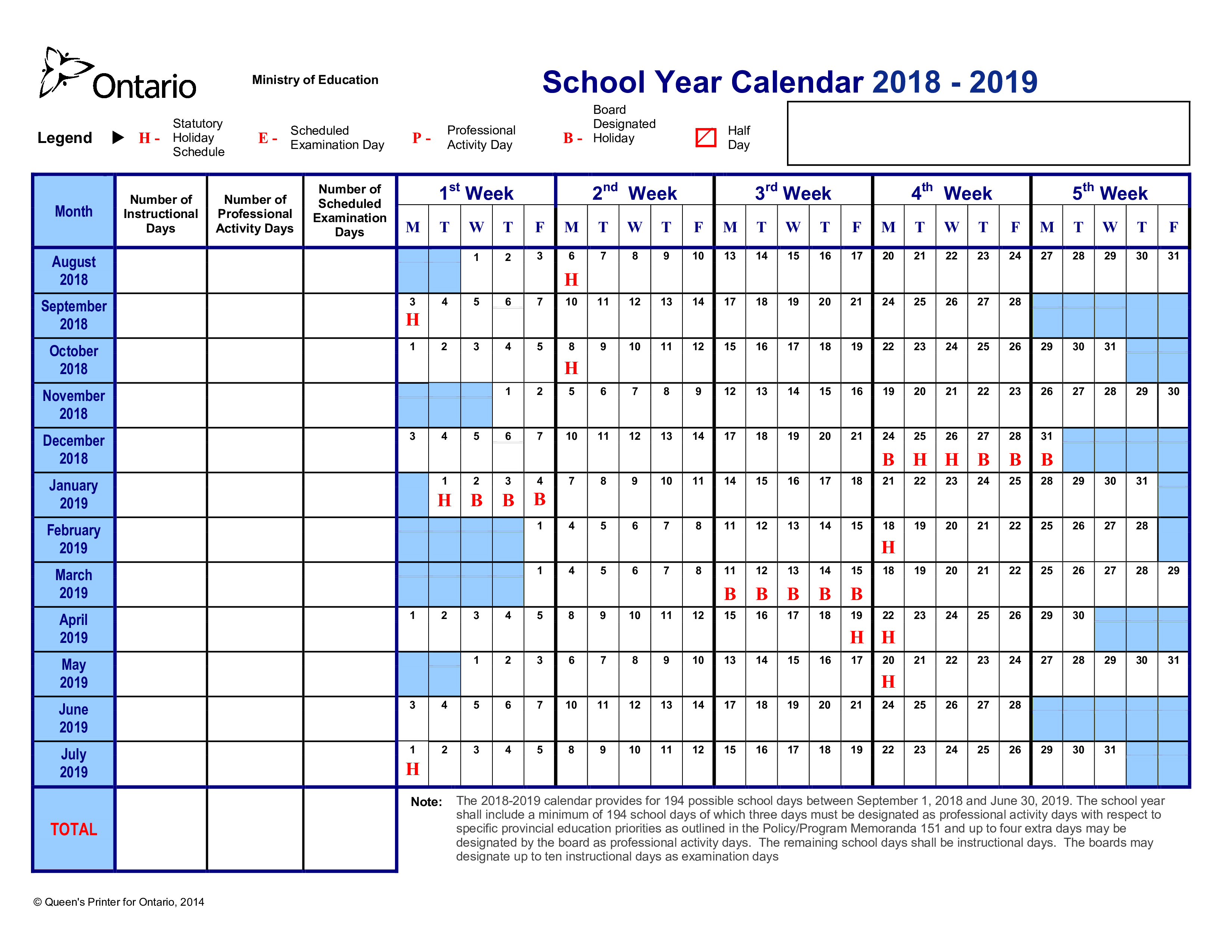 School Year Training Calendar 2018-2019 main image