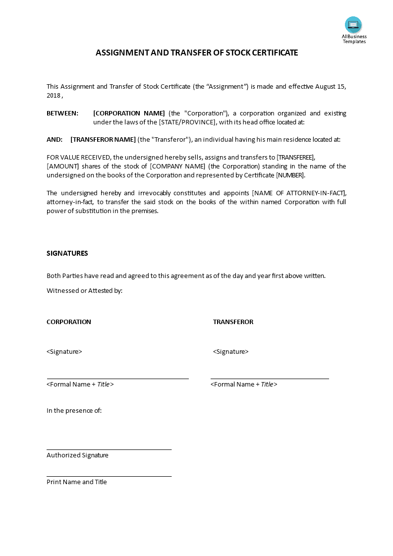 assignment and transfer of stock certificate modèles