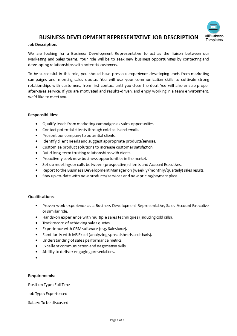 business development representative job description template