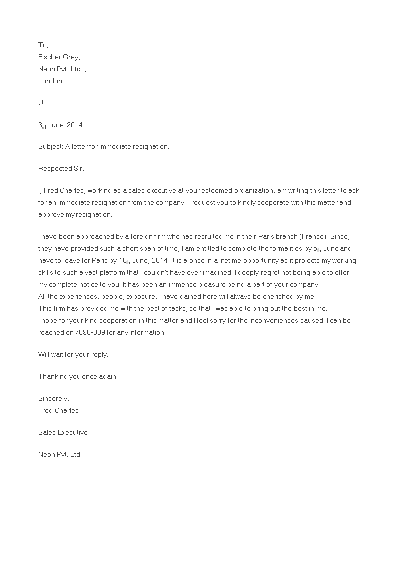 Sales Executive Immediate Resignation Letter main image