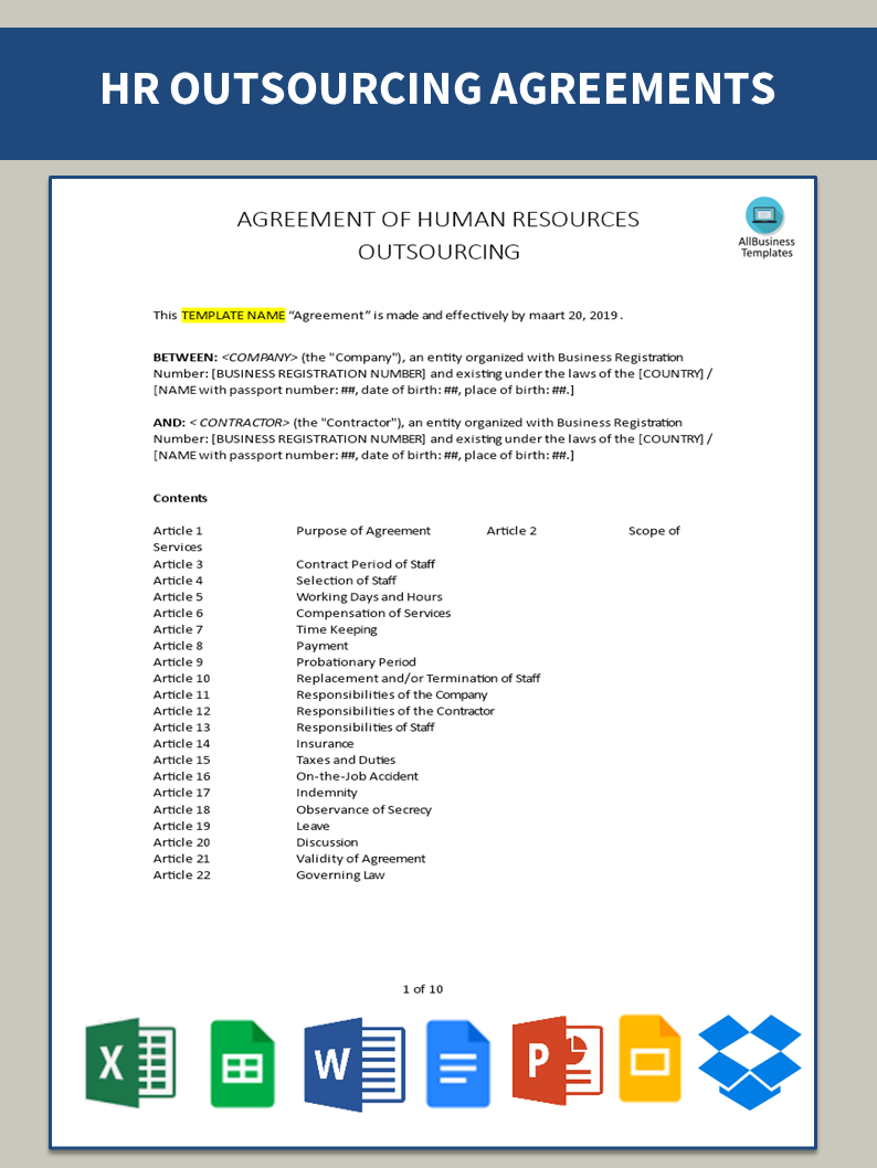 Human Resource Outsourcing Agreement Template 模板