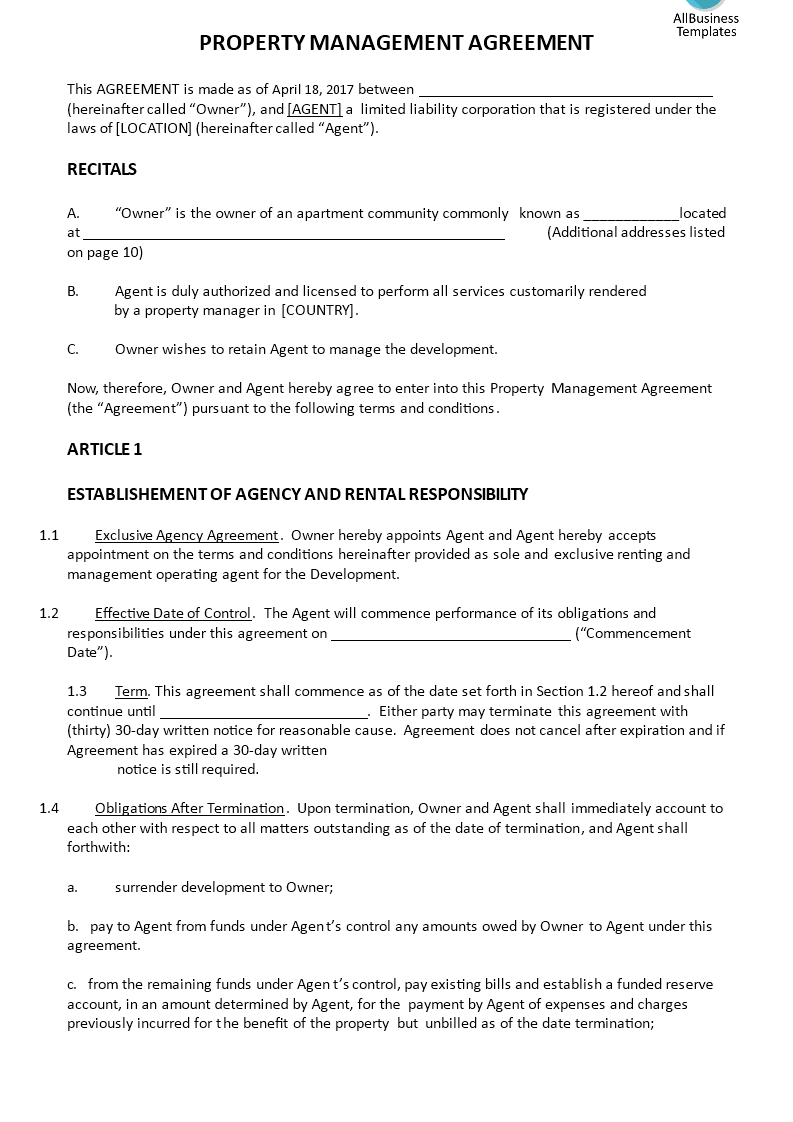 property management agreement template