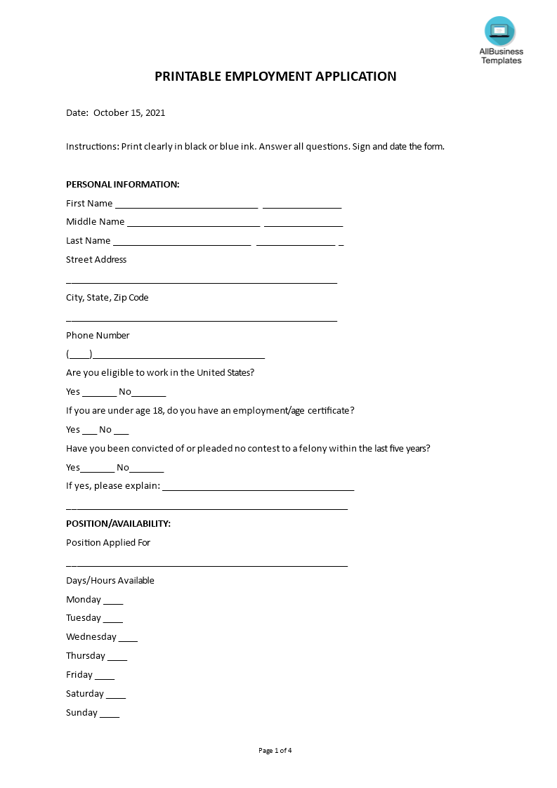 printable employment application template