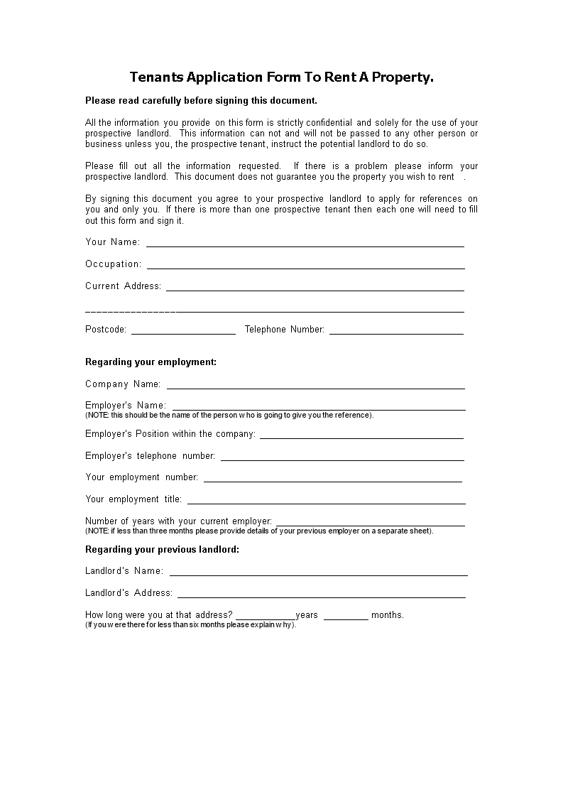 tenants application form to rent a property template