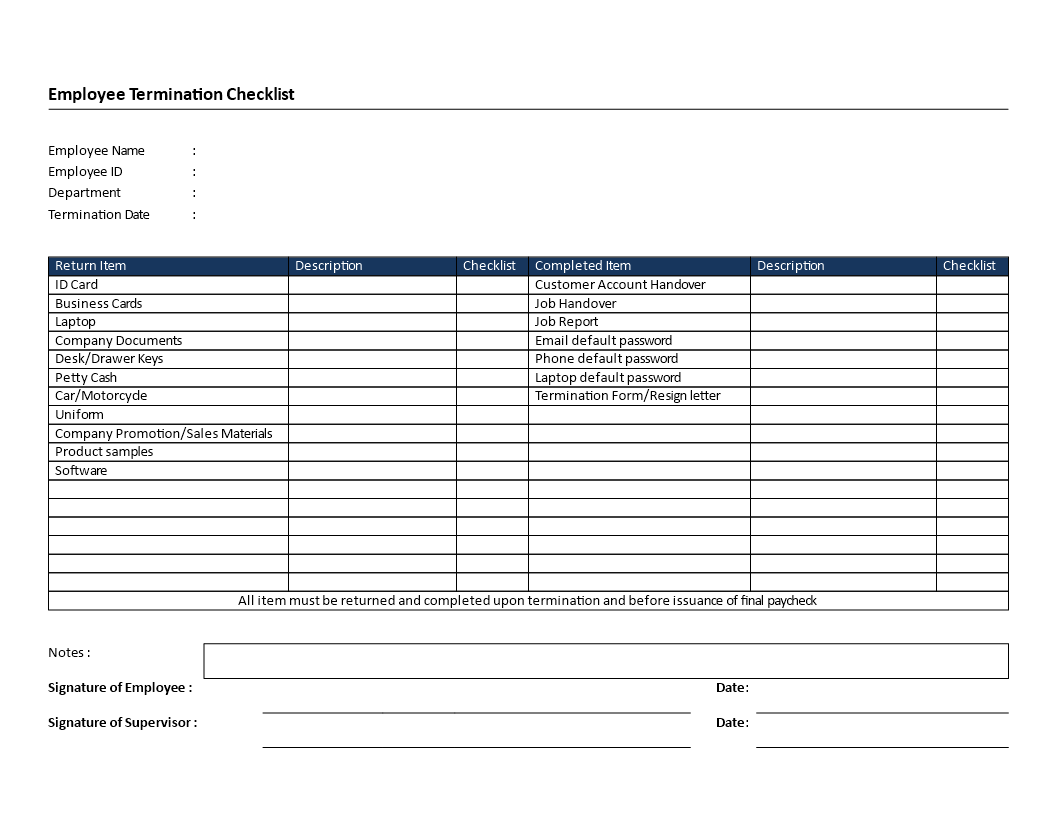 Employee Termination Checklist landscape formatted template main image