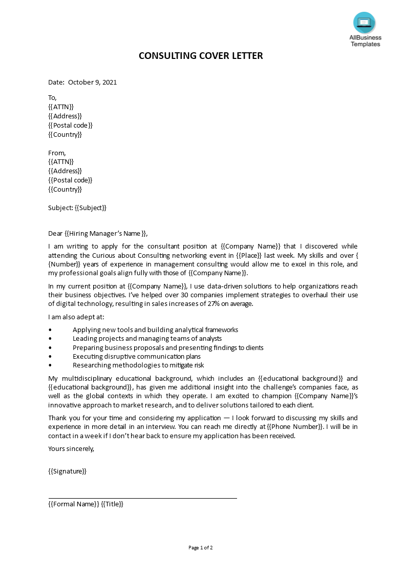 consulting cover letter modèles