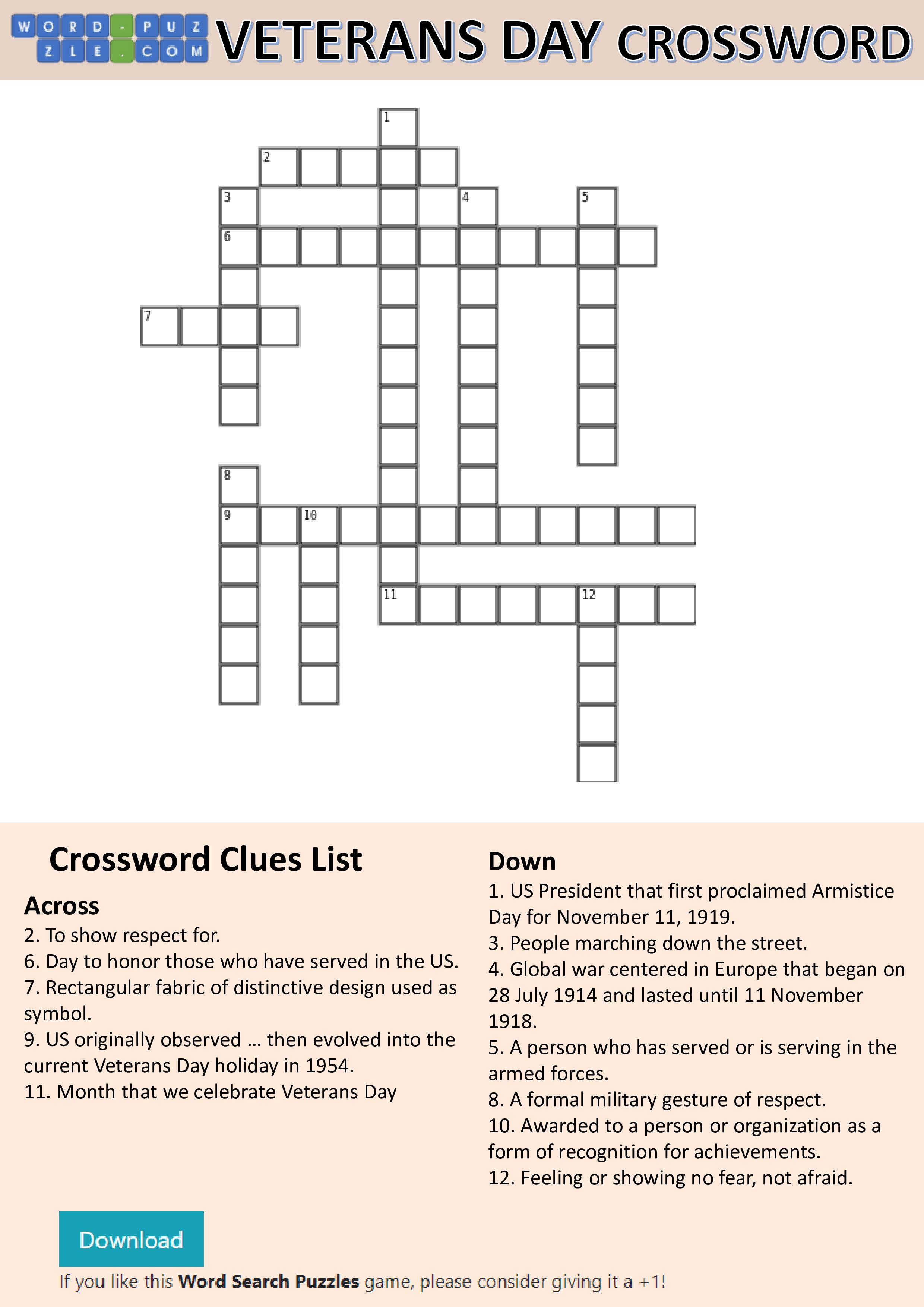 veterans day crossword puzzle voorbeeld afbeelding 