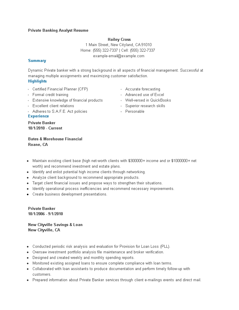 Private Banking Analyst Resume main image