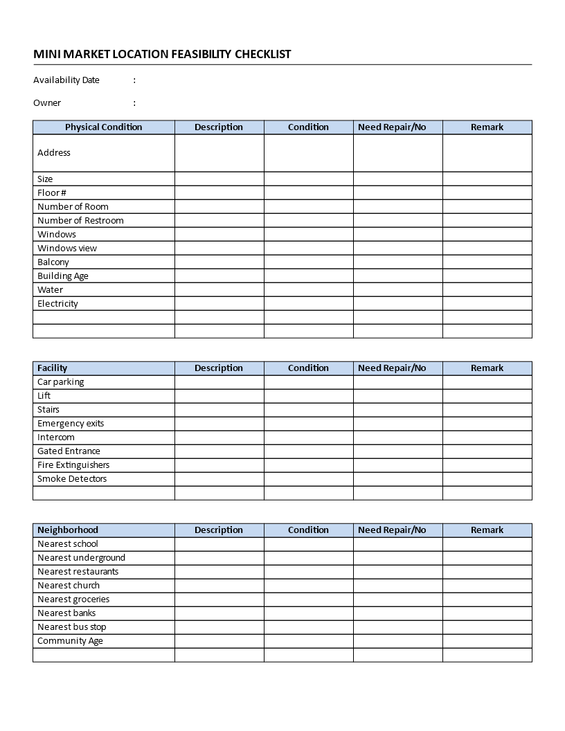mini market location feasibility checklist template