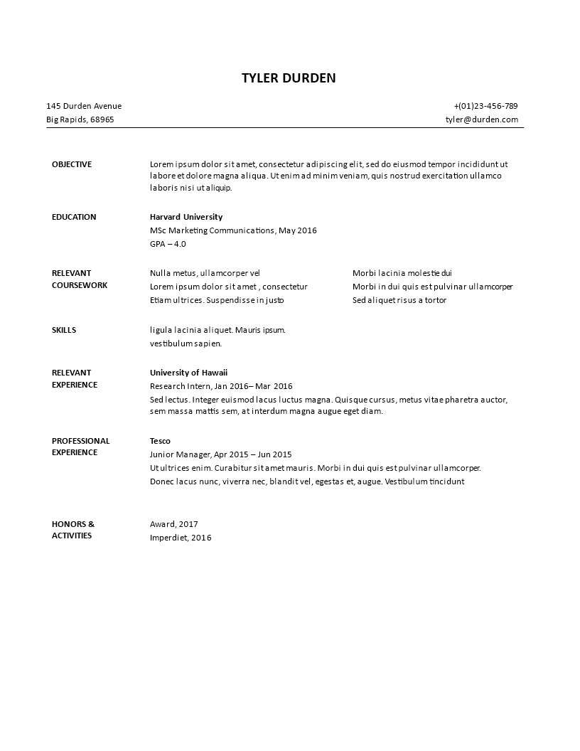 Example Internship resume 模板