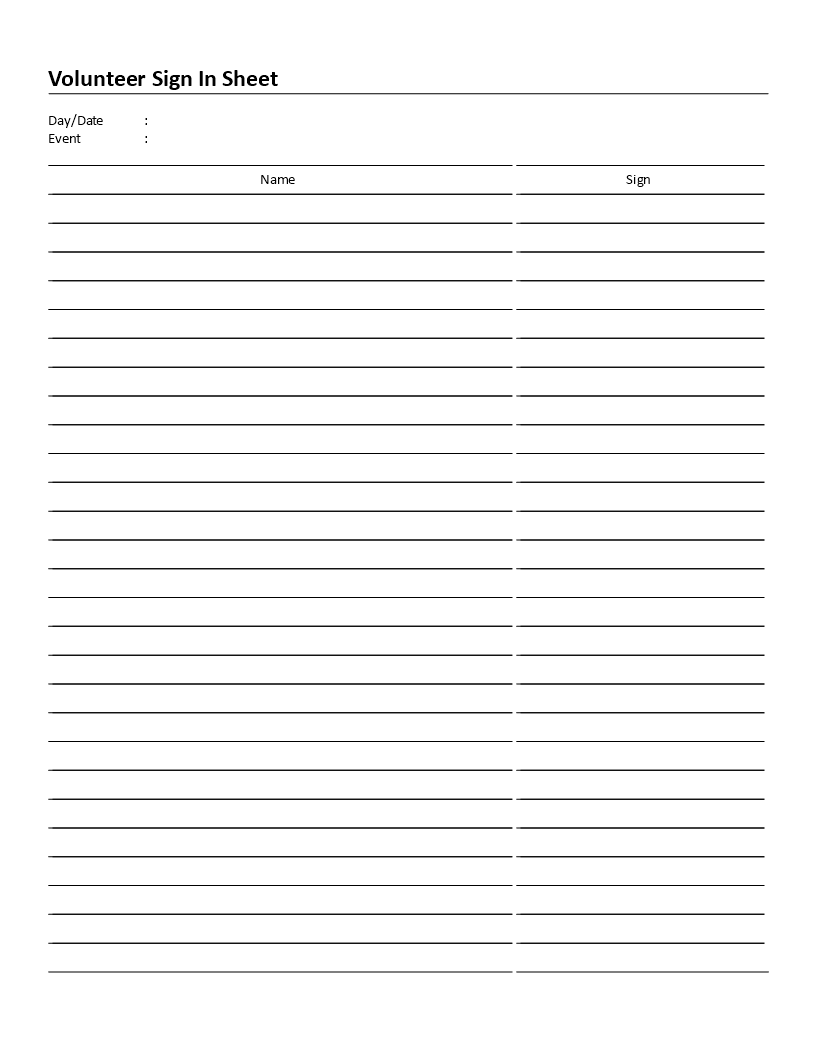 volunteer sign in sheet charity event template