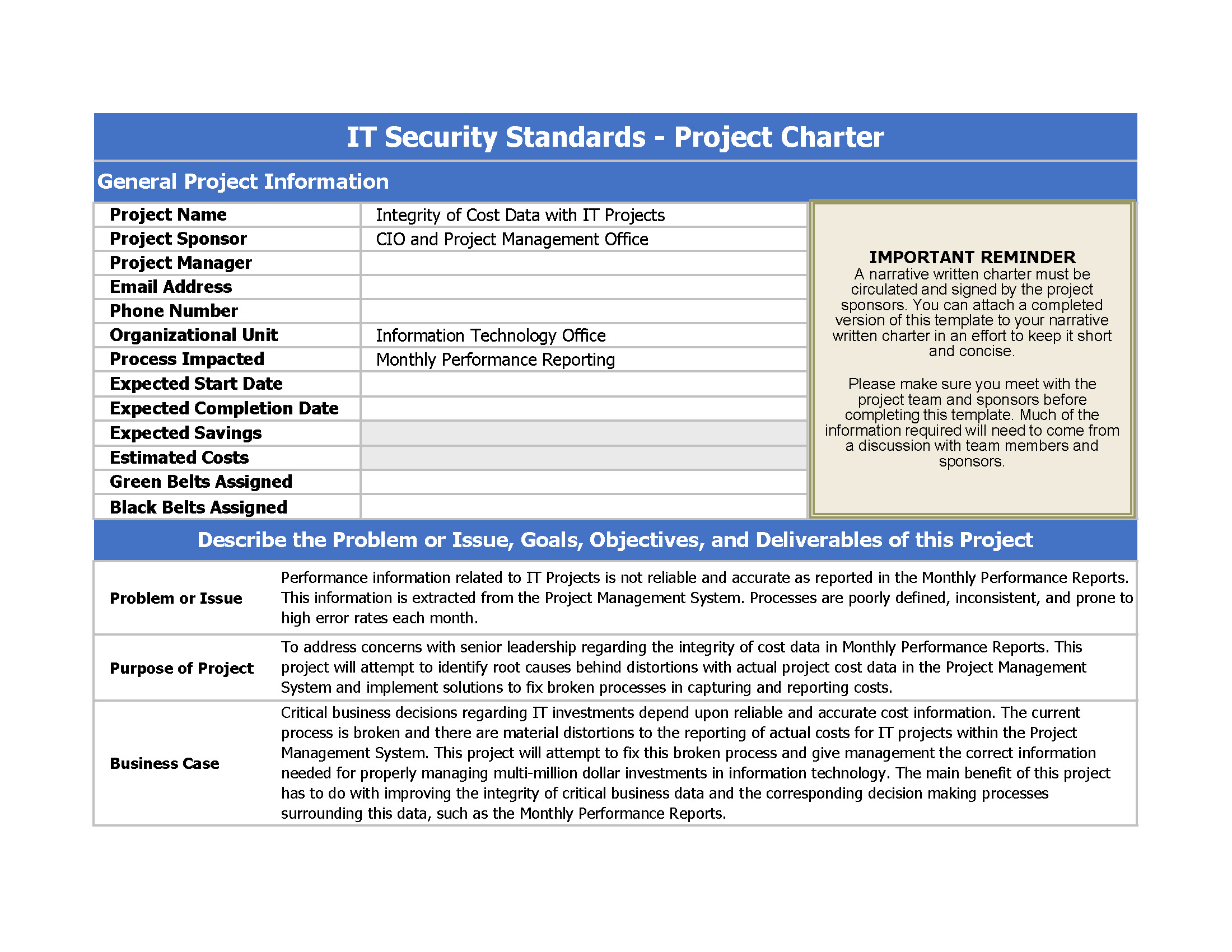it security compliance project charter template