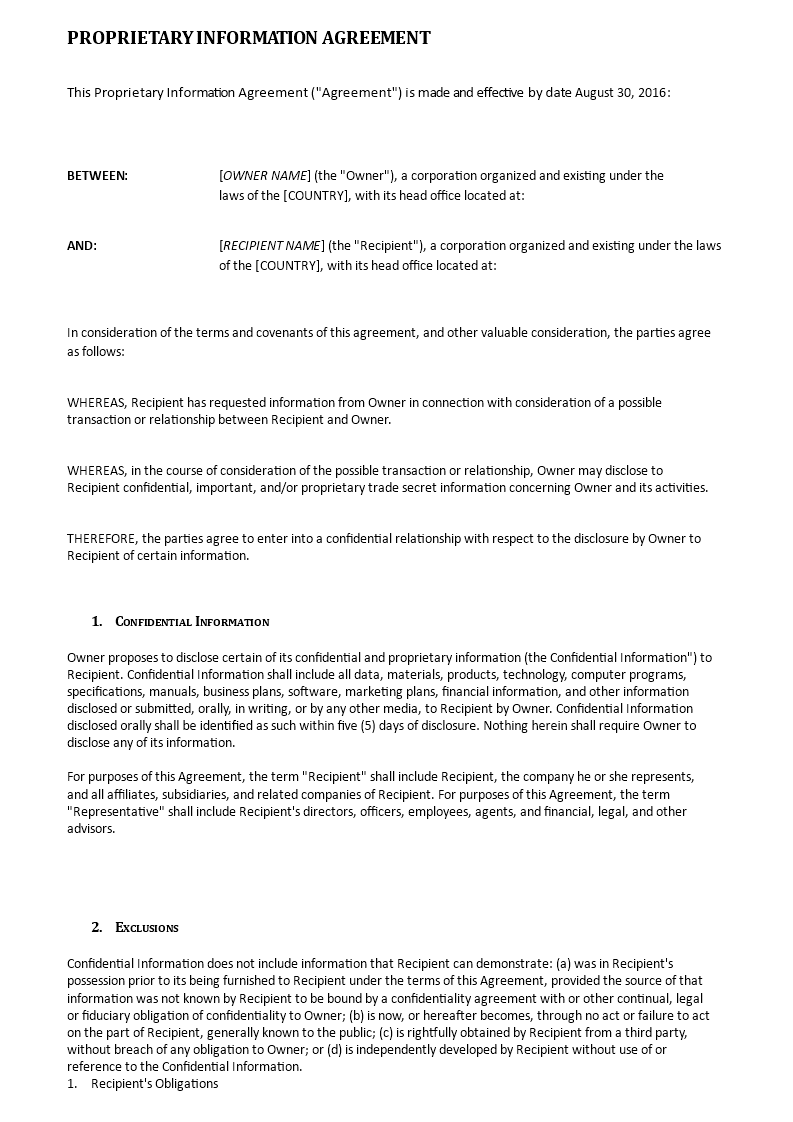 proprietary information agreement template