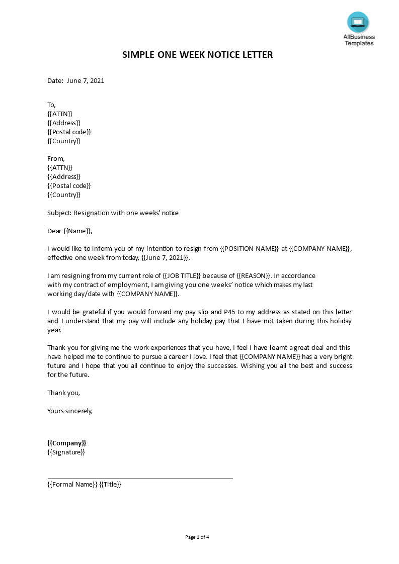 1 week notice letter template
