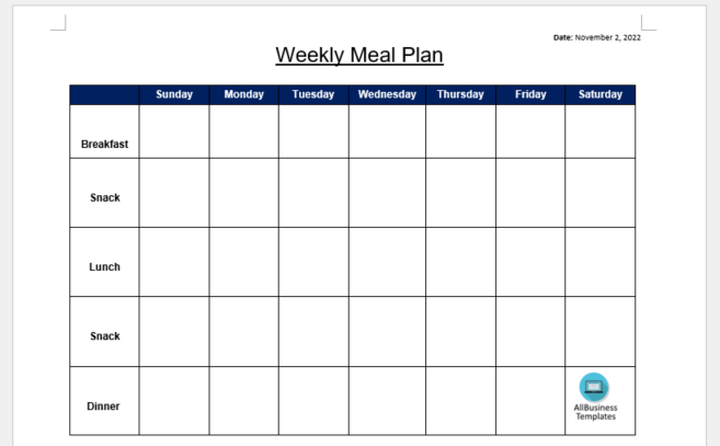Meal Planning Calendar 模板