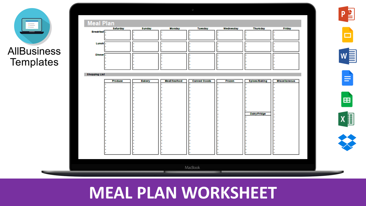 Meal Plan worksheet template main image