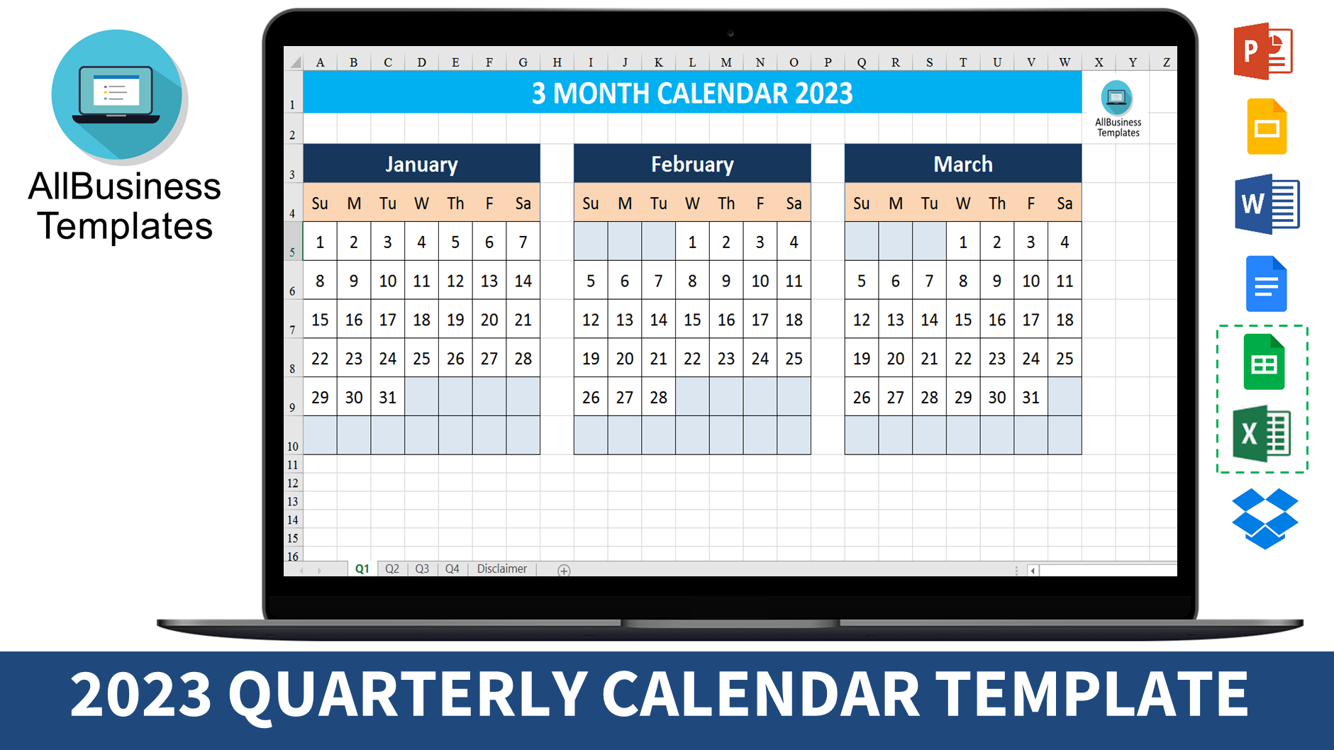 3 Month Calendar 2023 模板