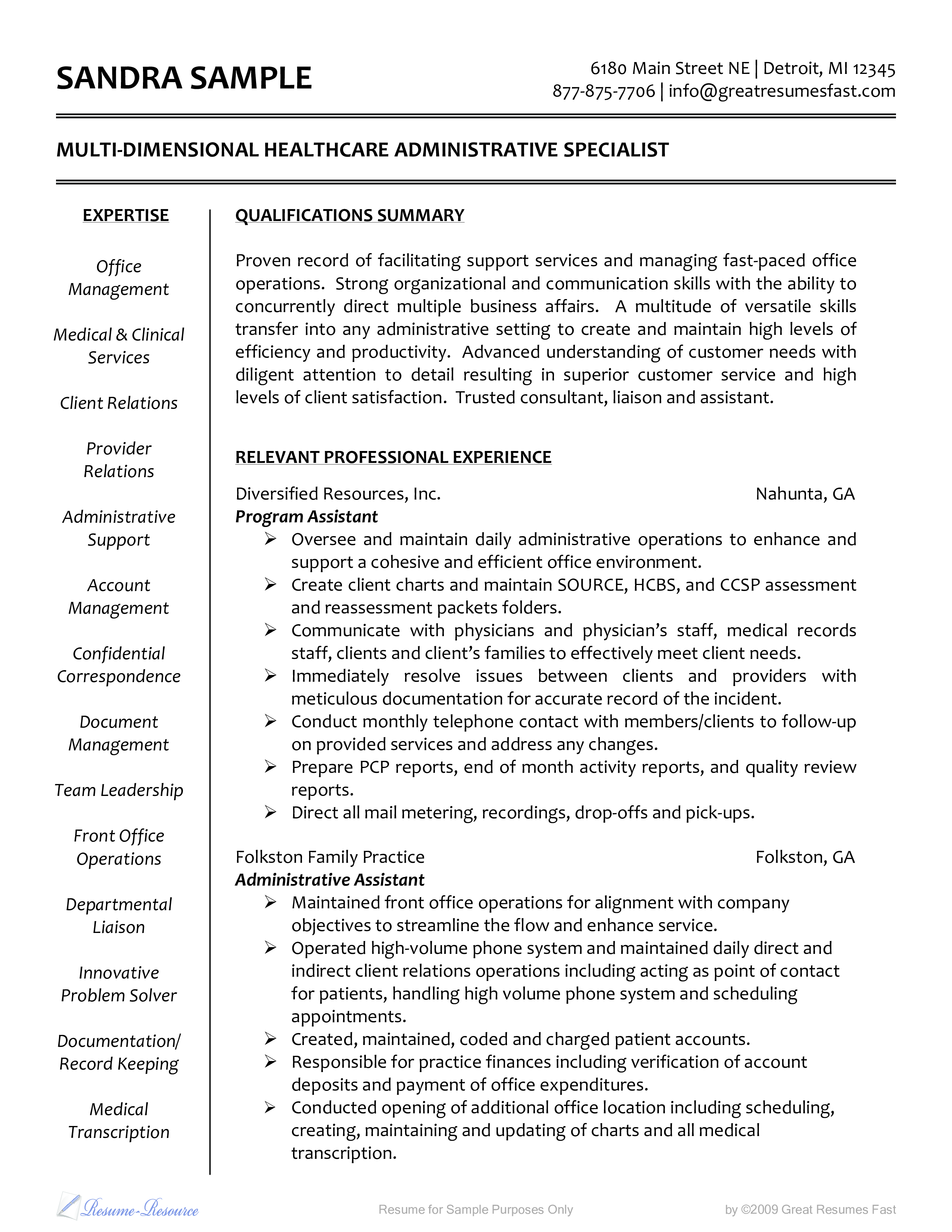 healthcare administrative resume sample template