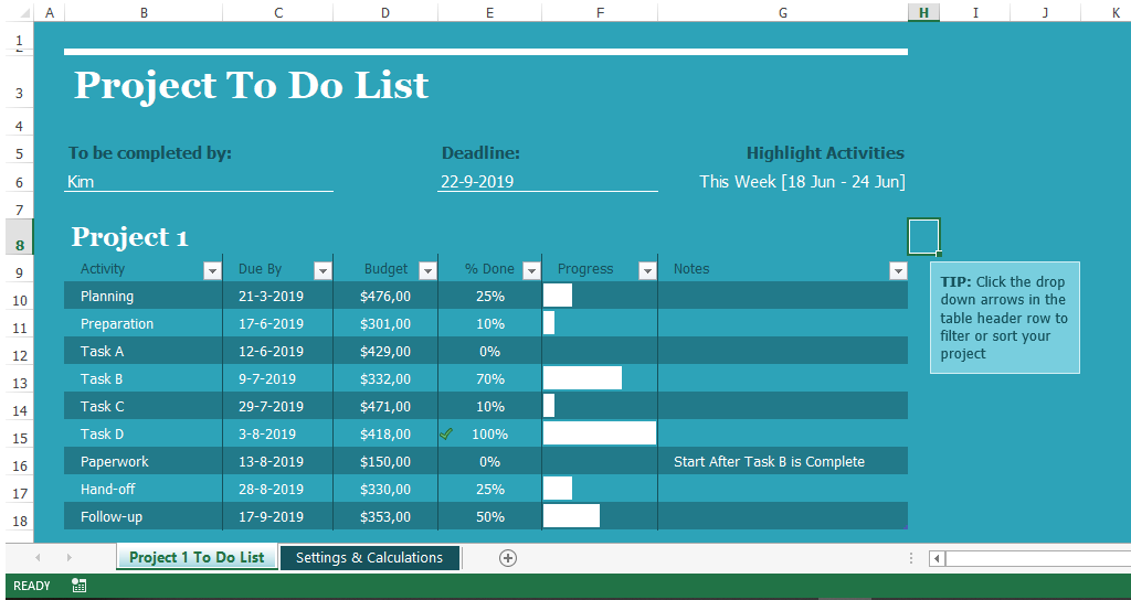 project to do list in excel template