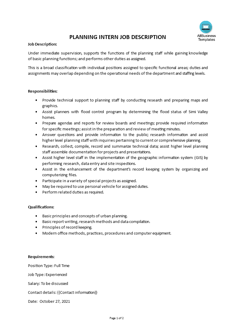 planning intern job description plantilla imagen principal