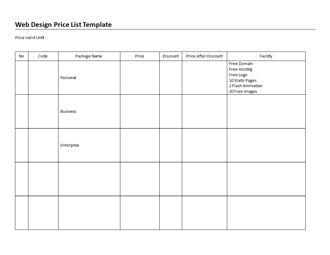 price list web design template