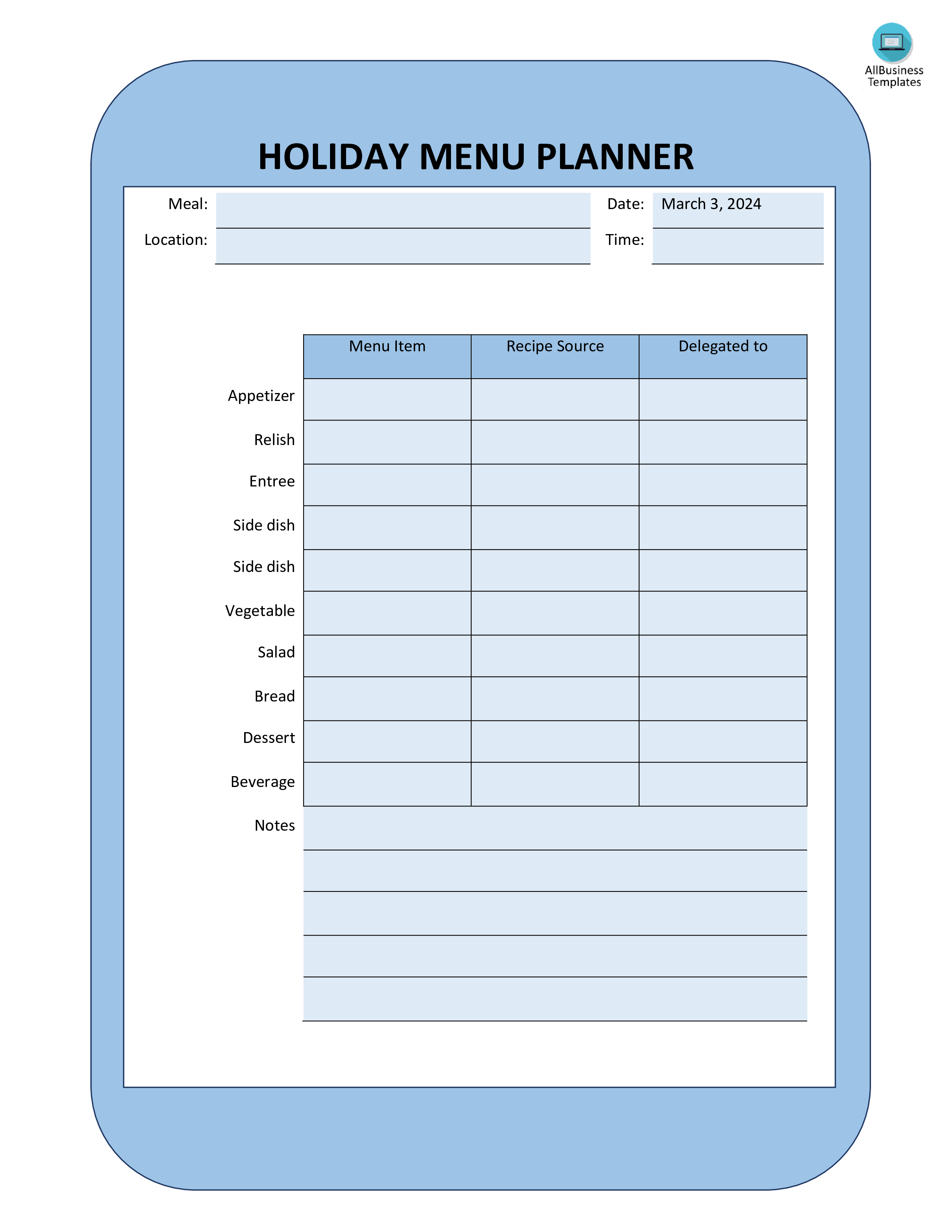 Holiday Meal Planning 模板