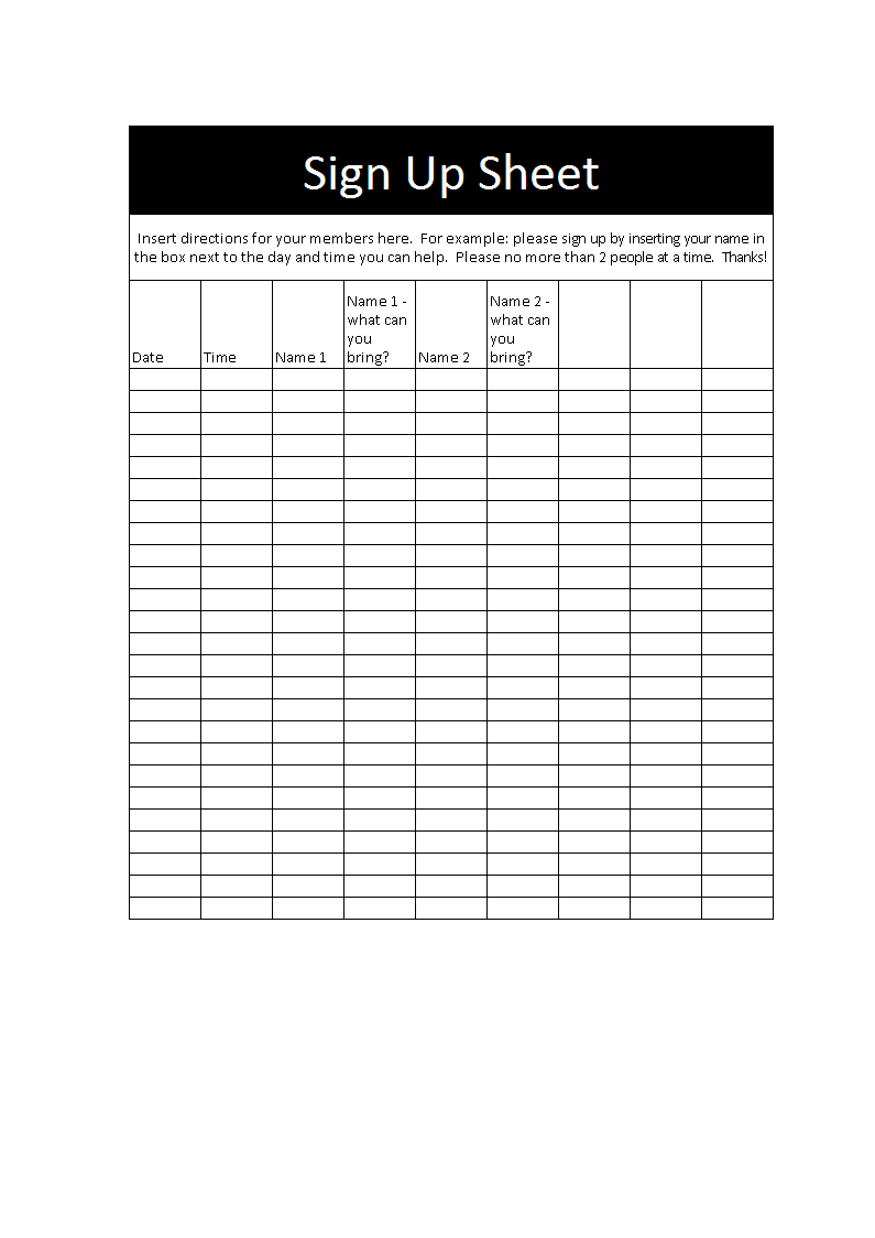 Sign-up Sheet template in excel main image