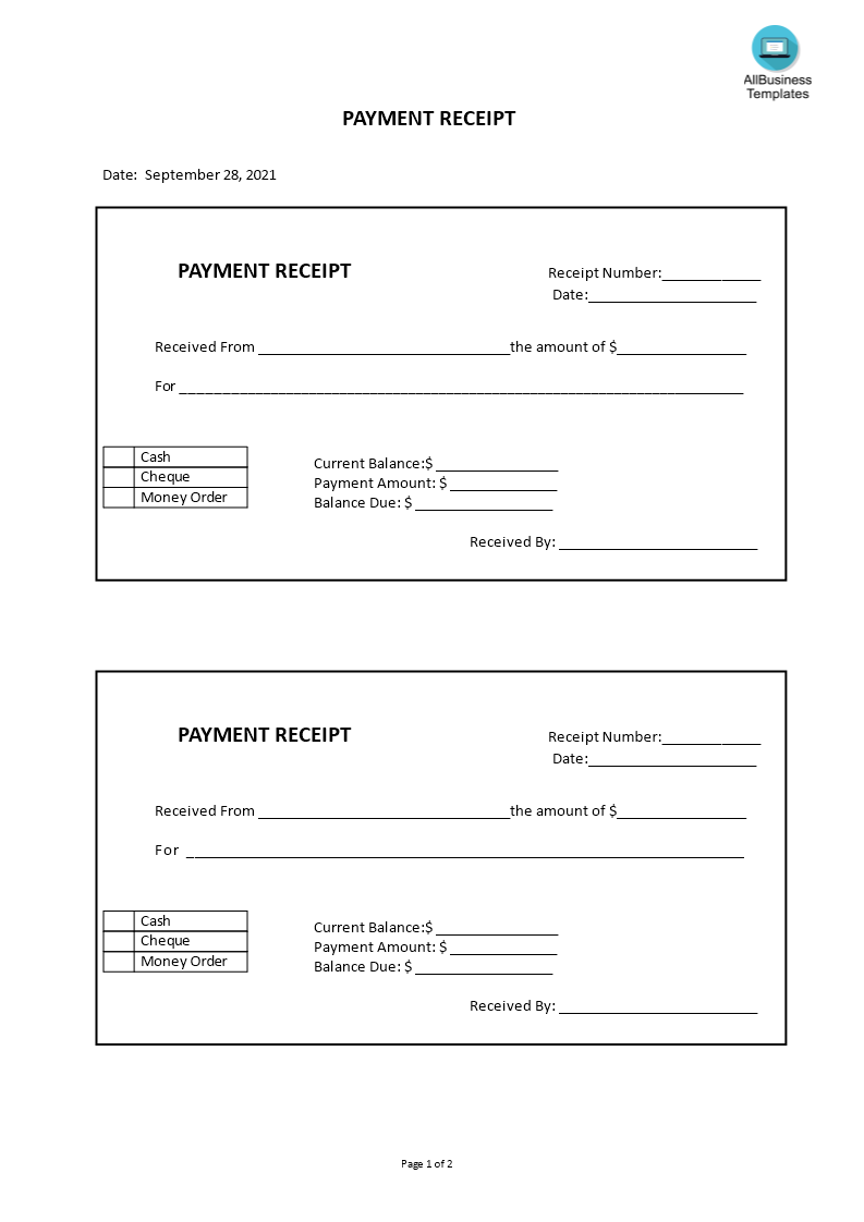 cash receipt of payment template