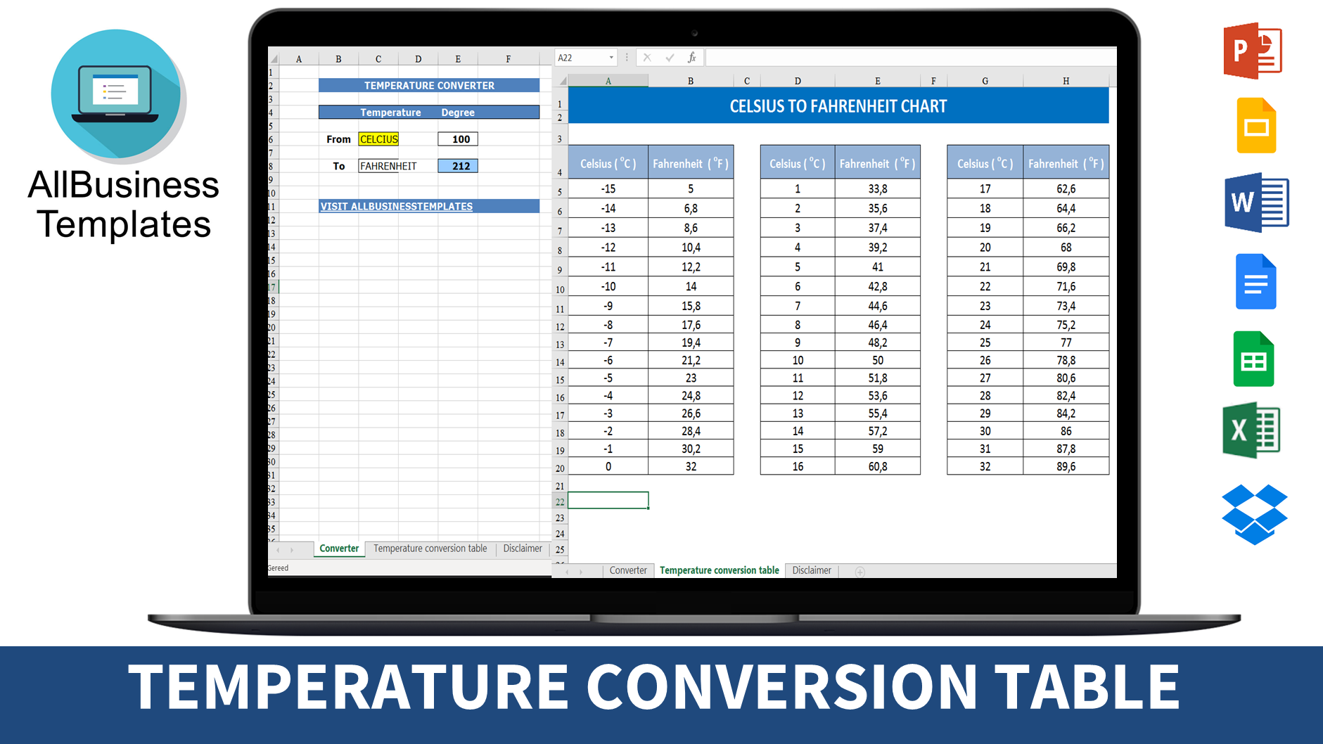 Temperature Conversion Table 模板