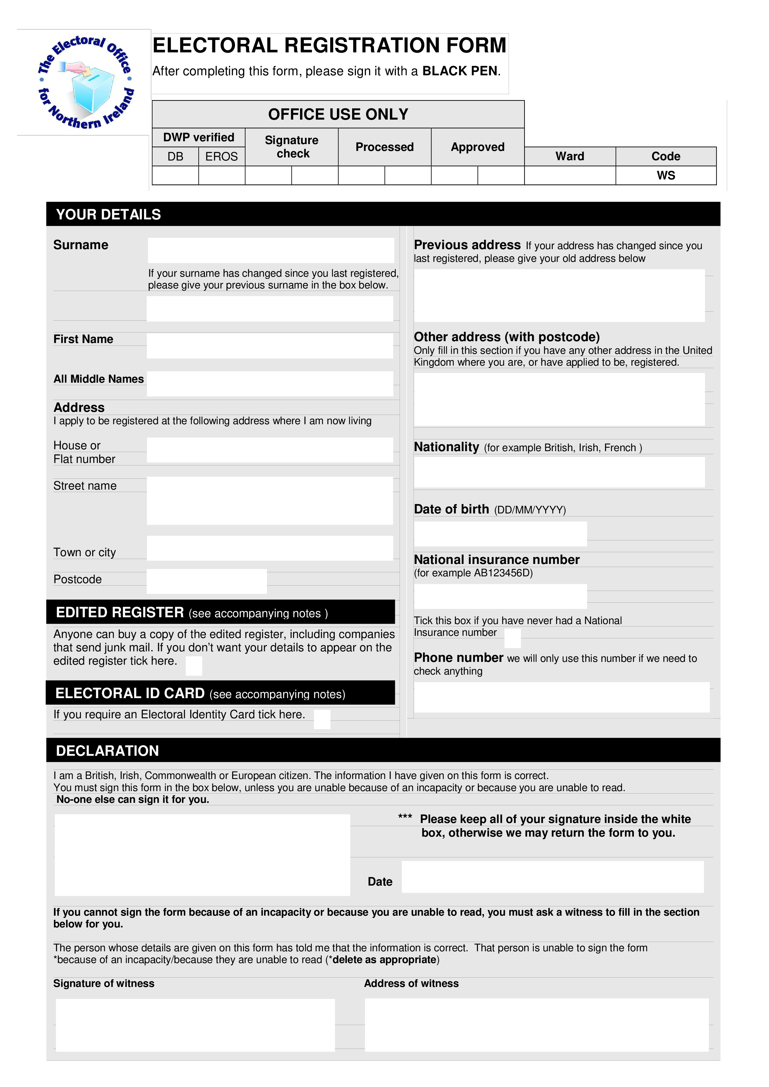 Electoral Registration Form Printable main image