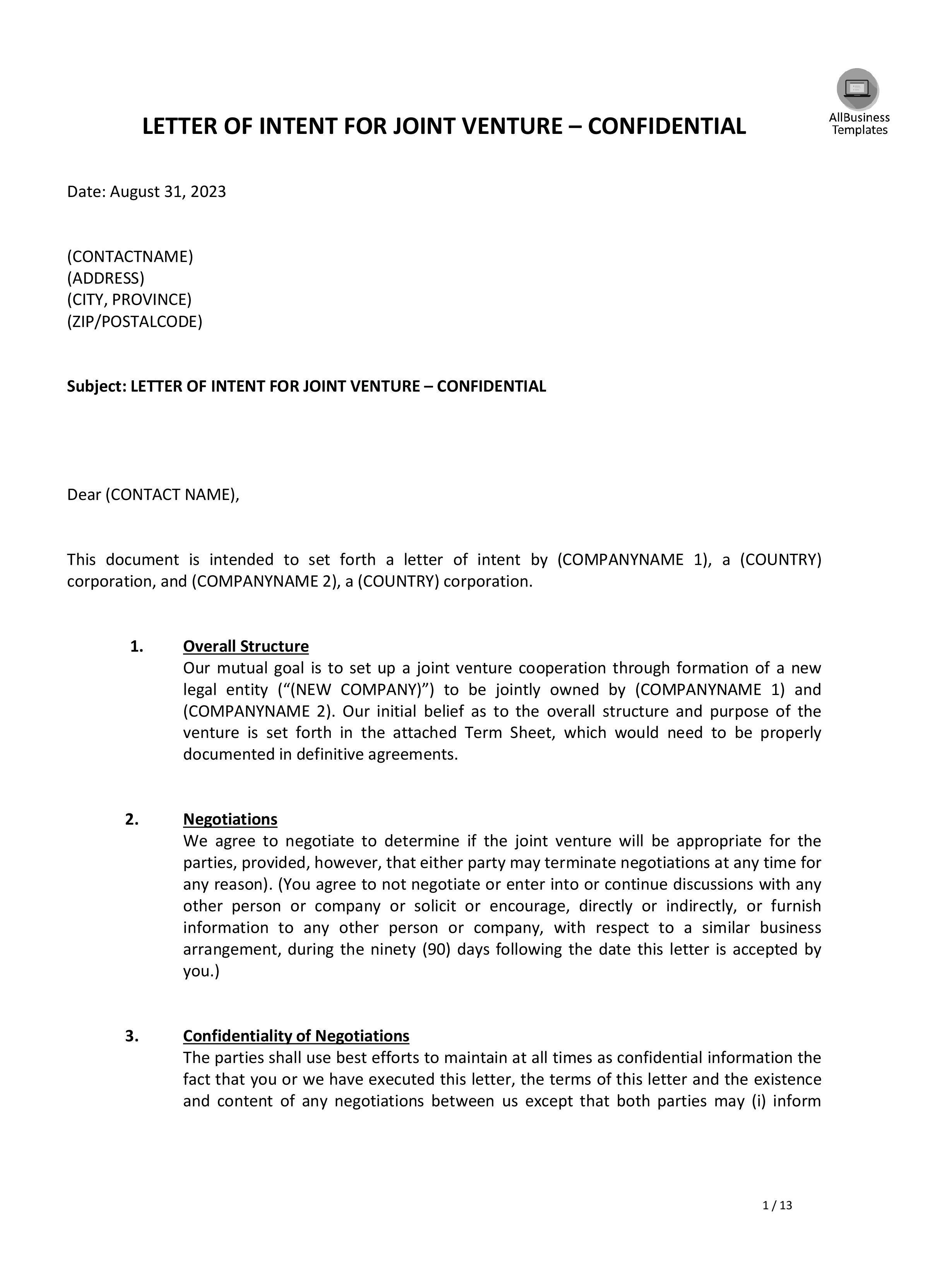 joint venture letter of intent template template