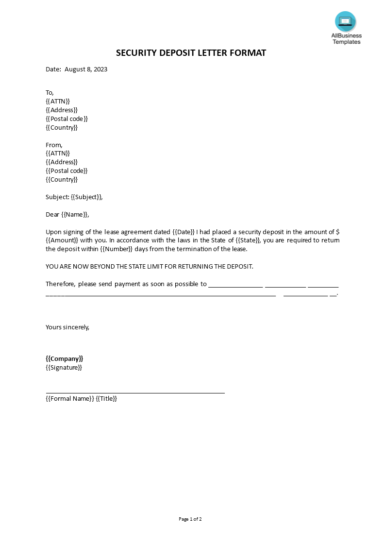 security deposit request letter format template