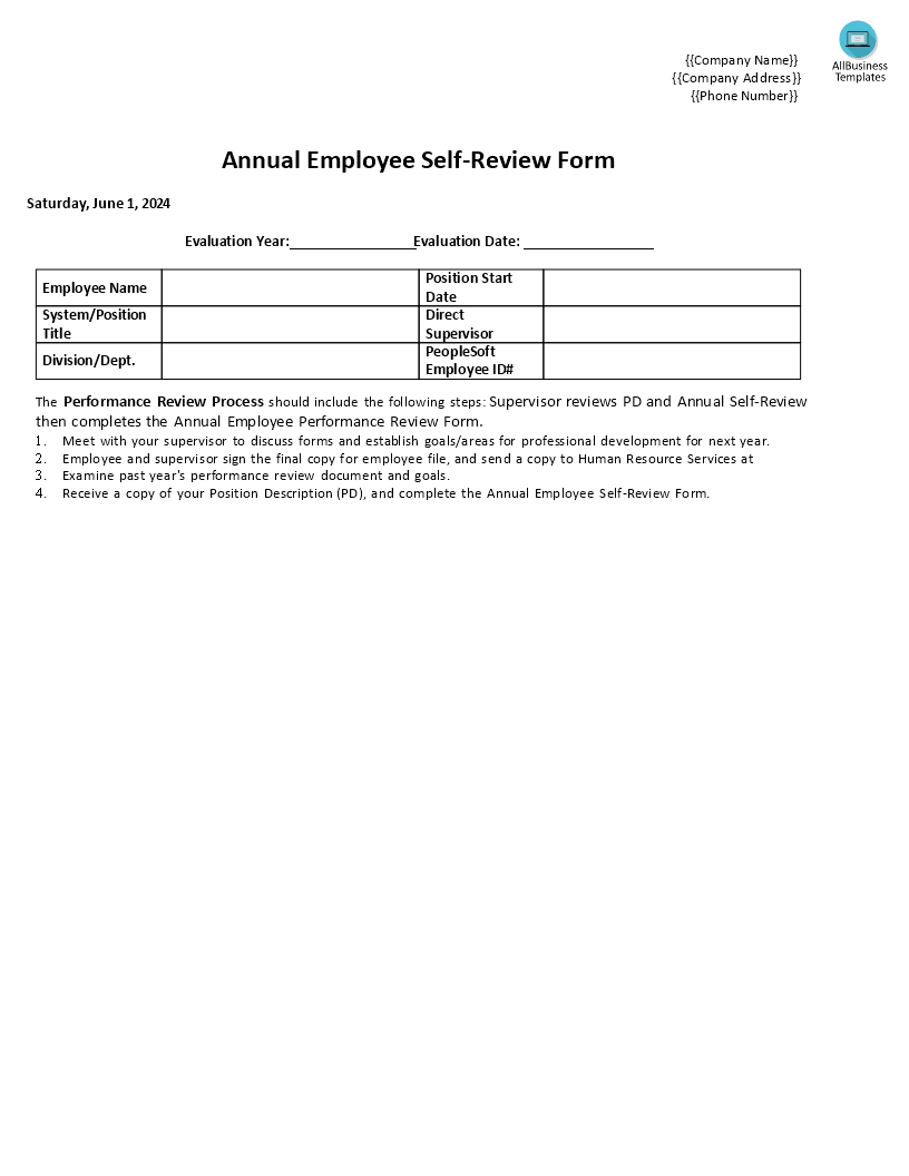 Annual Employee Self Review Form 模板