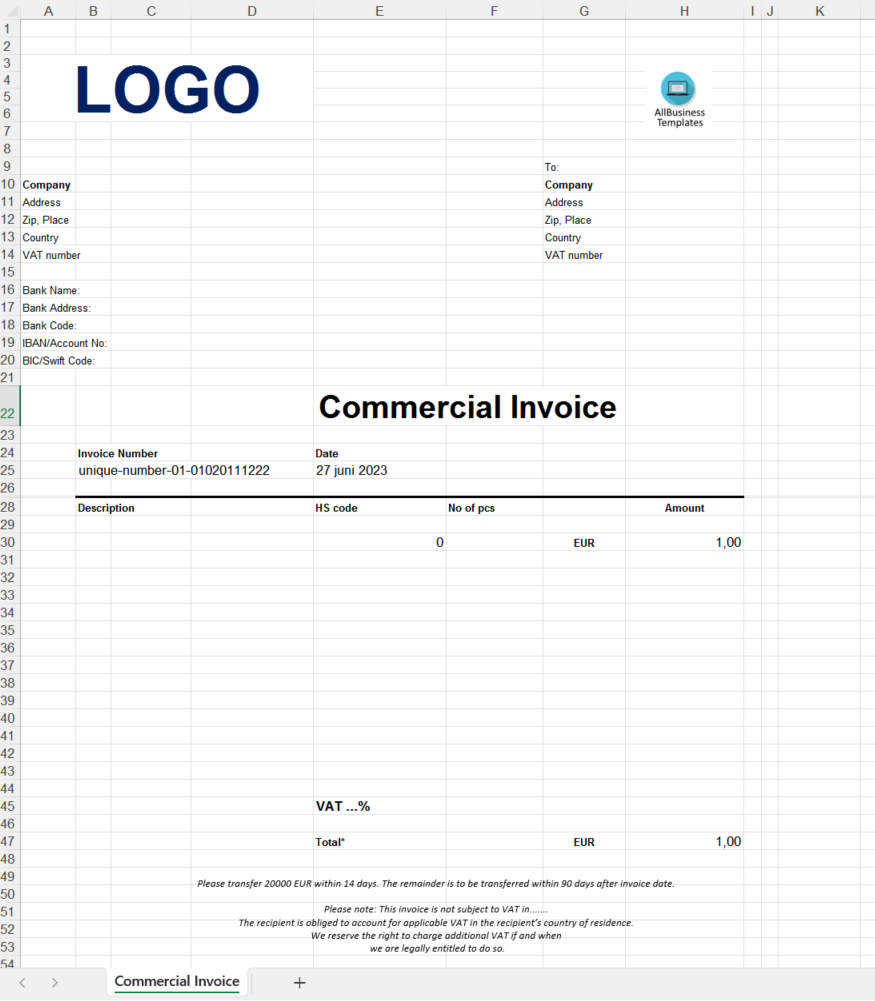 commercial invoice template voorbeeld afbeelding 