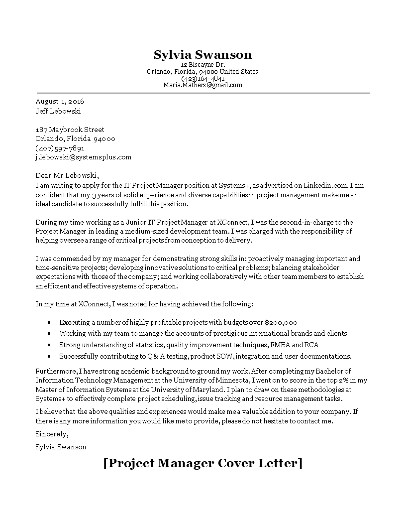 it project manager application letter template template
