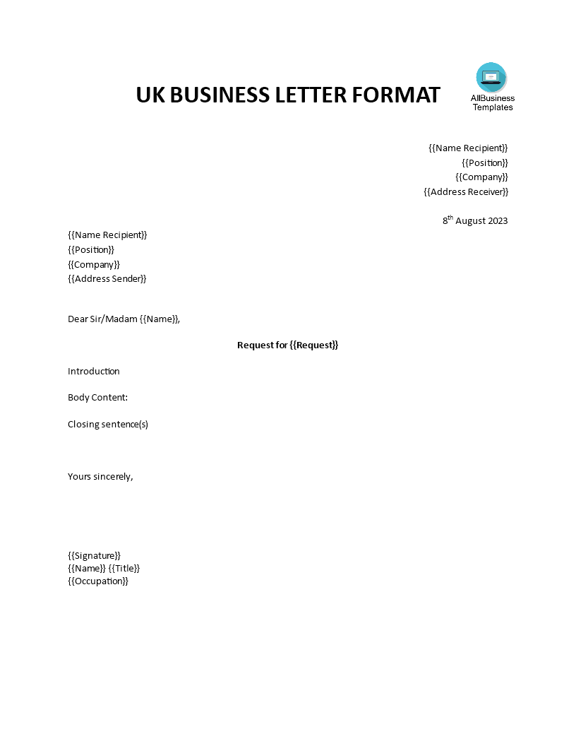UK Business Letter Format 模板