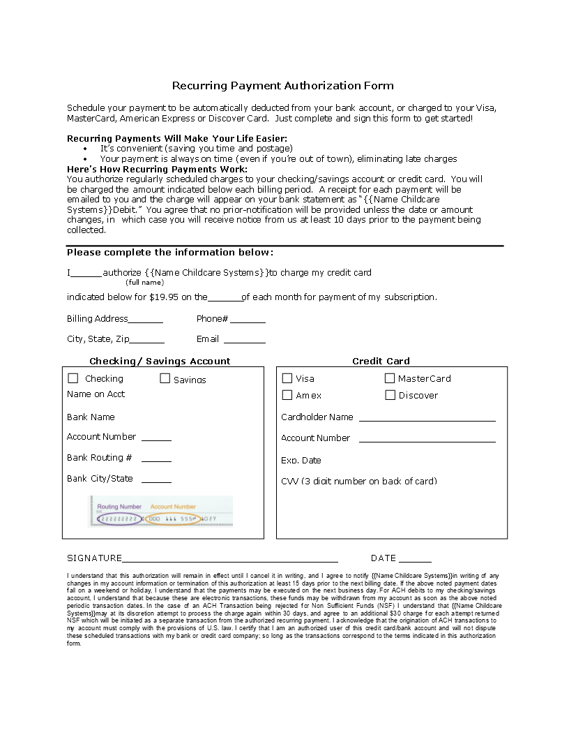 recurring payment creditcard authorization form modèles