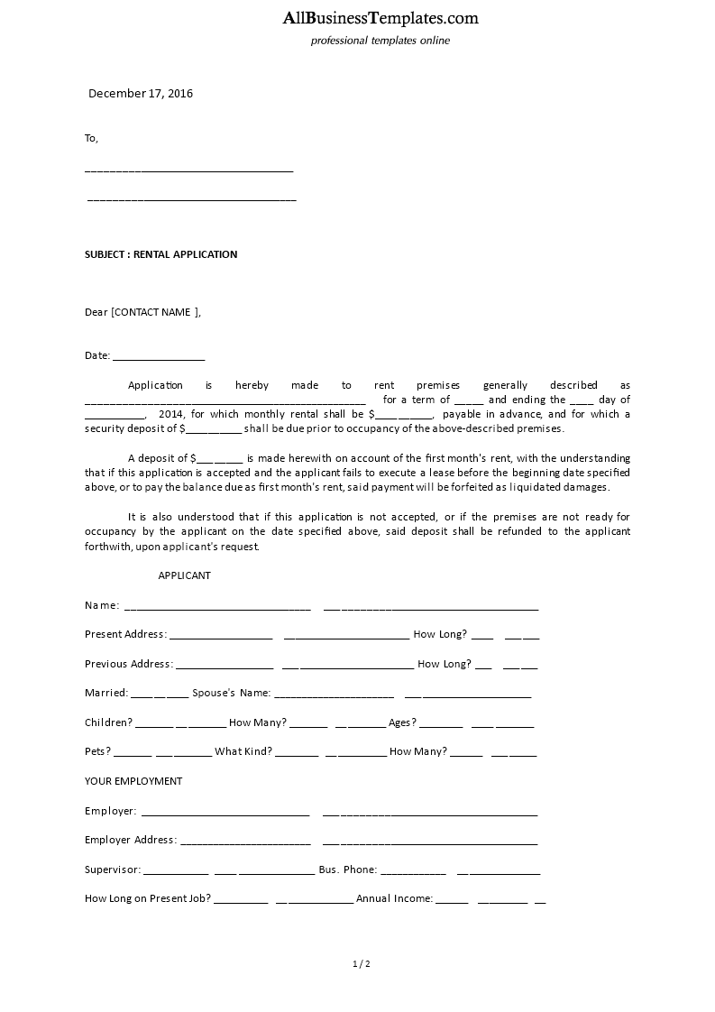 rental application letter sample template