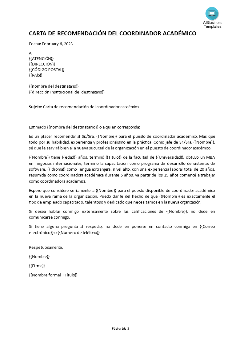 Carta de Recomendación de Coordinador Académico main image