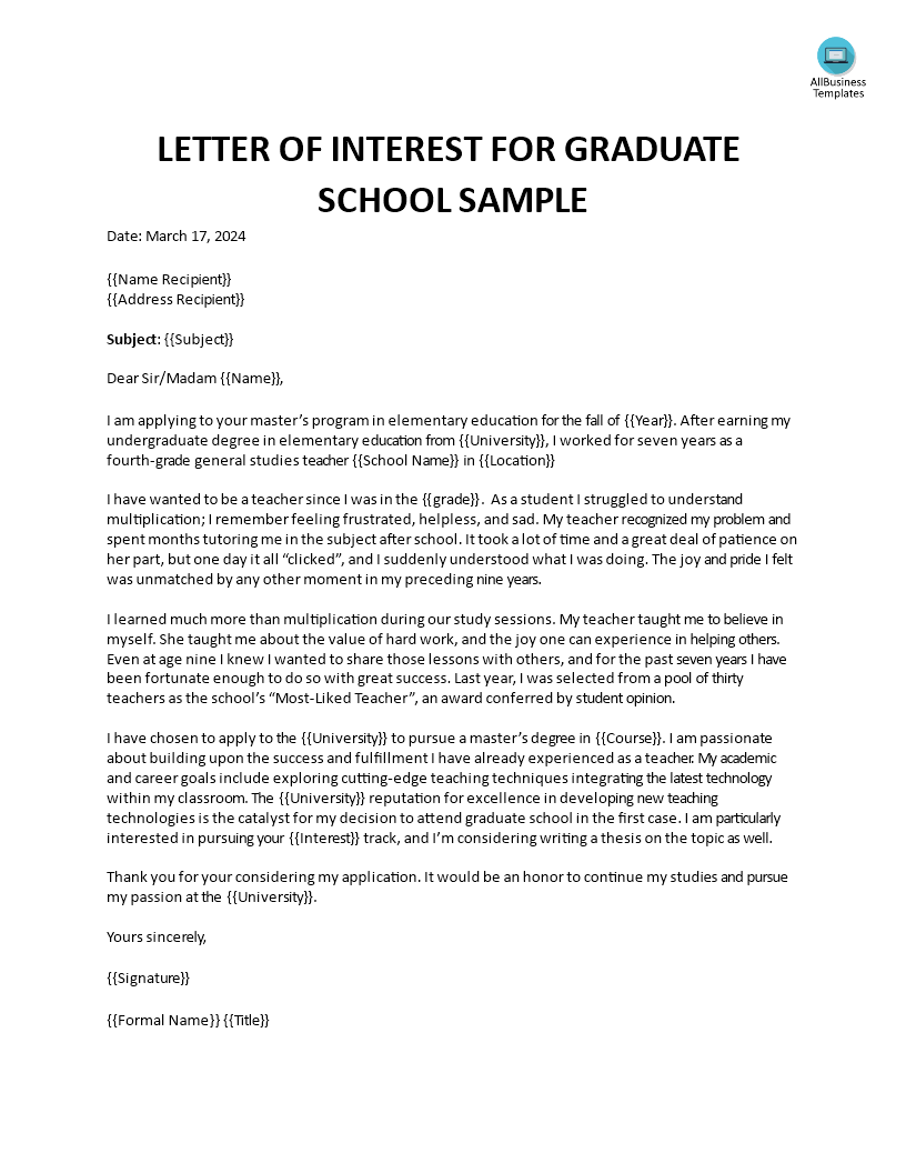 Letter of Interest for Graduate School Sample 模板