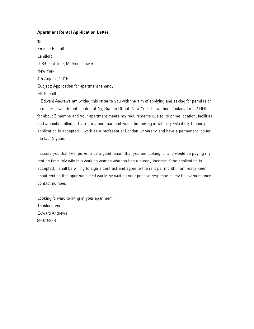 apartment rental application letter template
