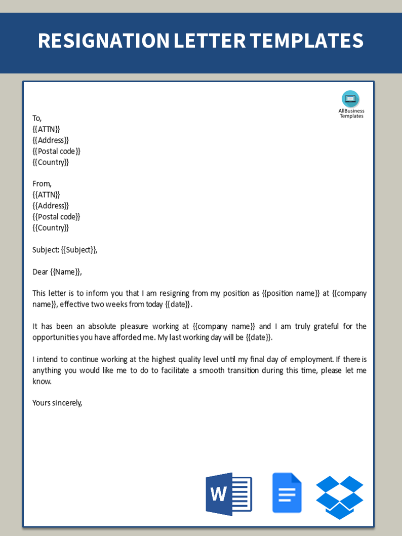 Formal resignation letter sample notice period 模板