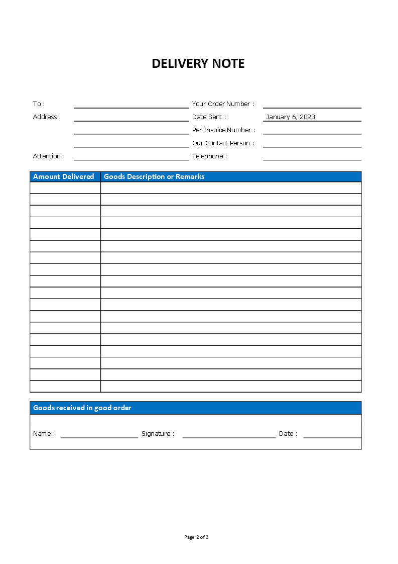 delivery order note template