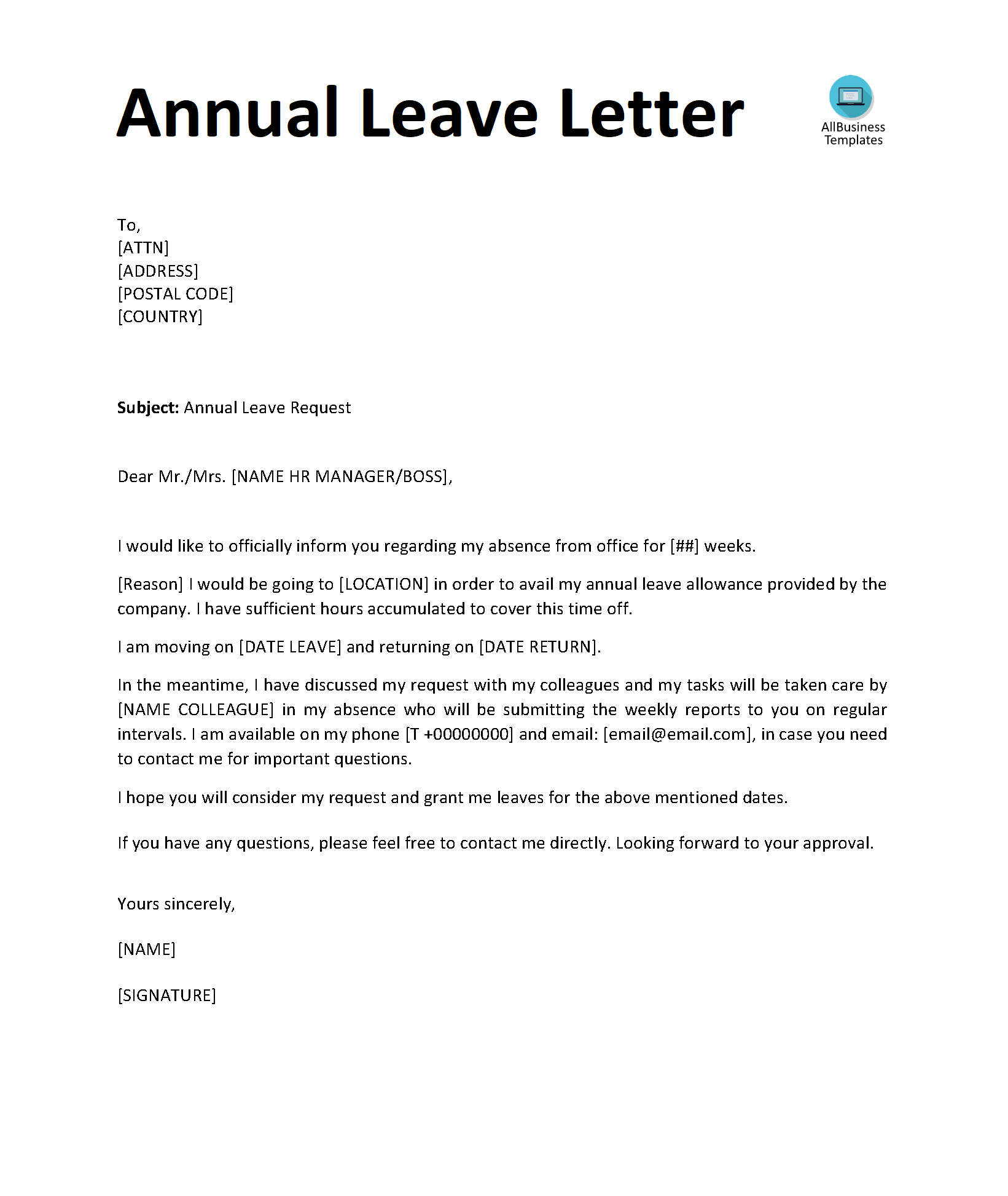 Annual Leave Letter main image