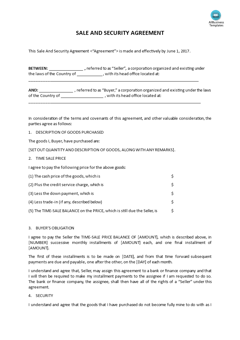 sale and security agreement template