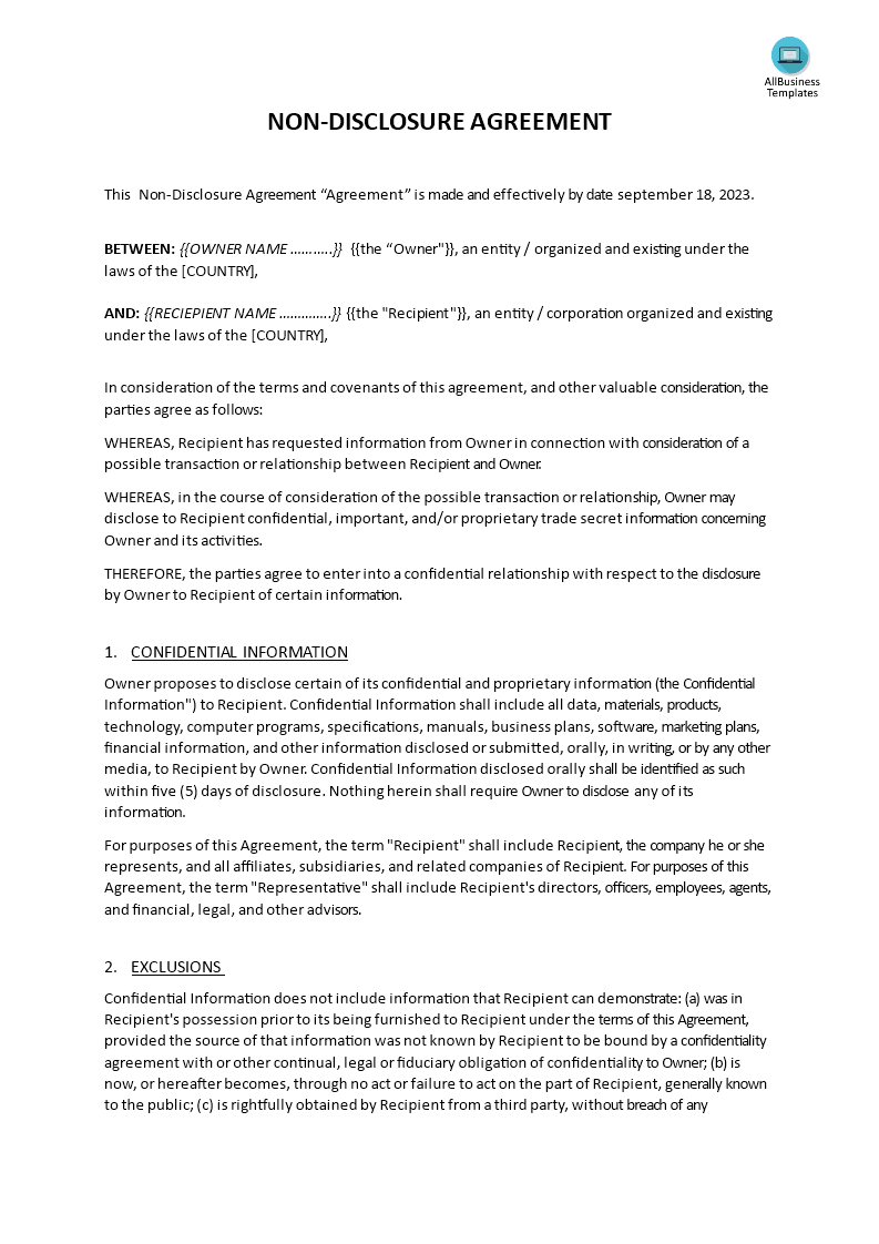 Non Disclosure Agreement Template 模板