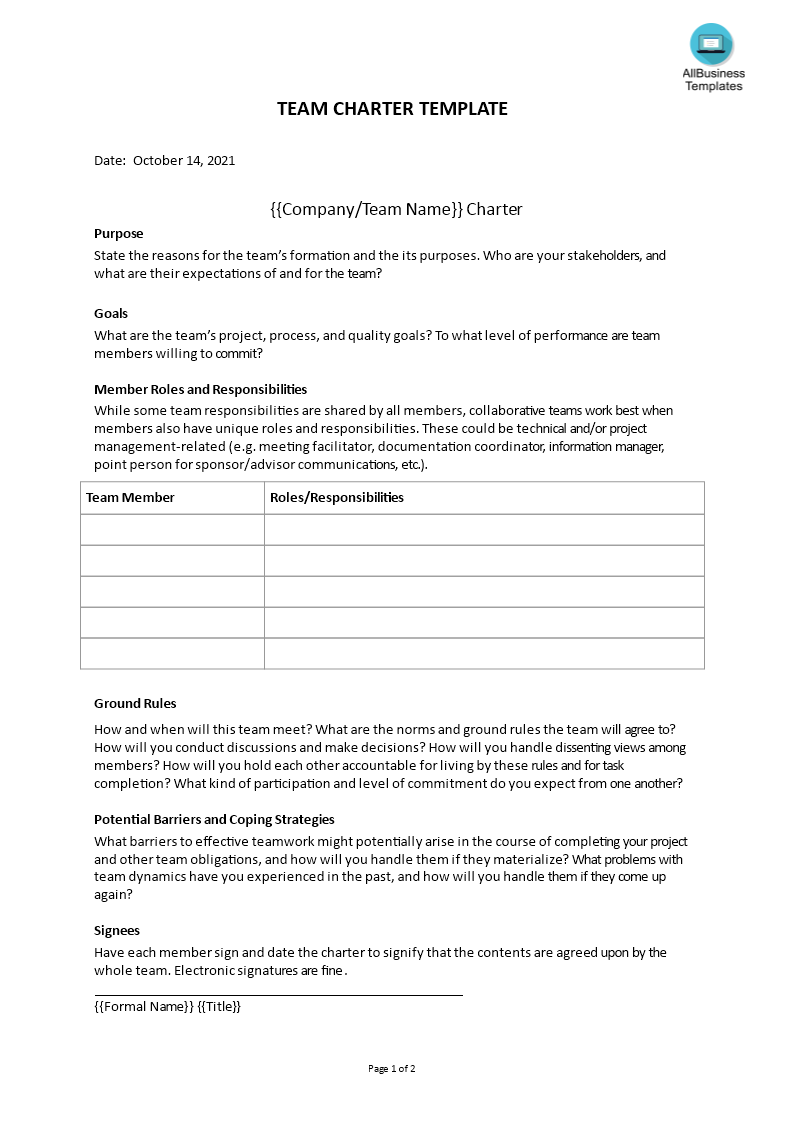 team charter template template